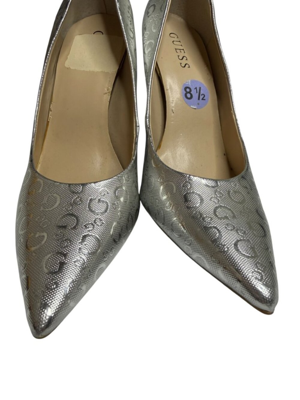 Guess Trace Pumps Shoes Stiletto Heel Logo Pointed Toe Metallic Silver 8.5 - Picture 5 of 13
